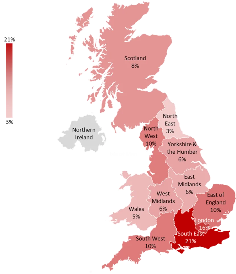 Map showing geographical distribution of taxpayers with a £500,000 exemption threshold